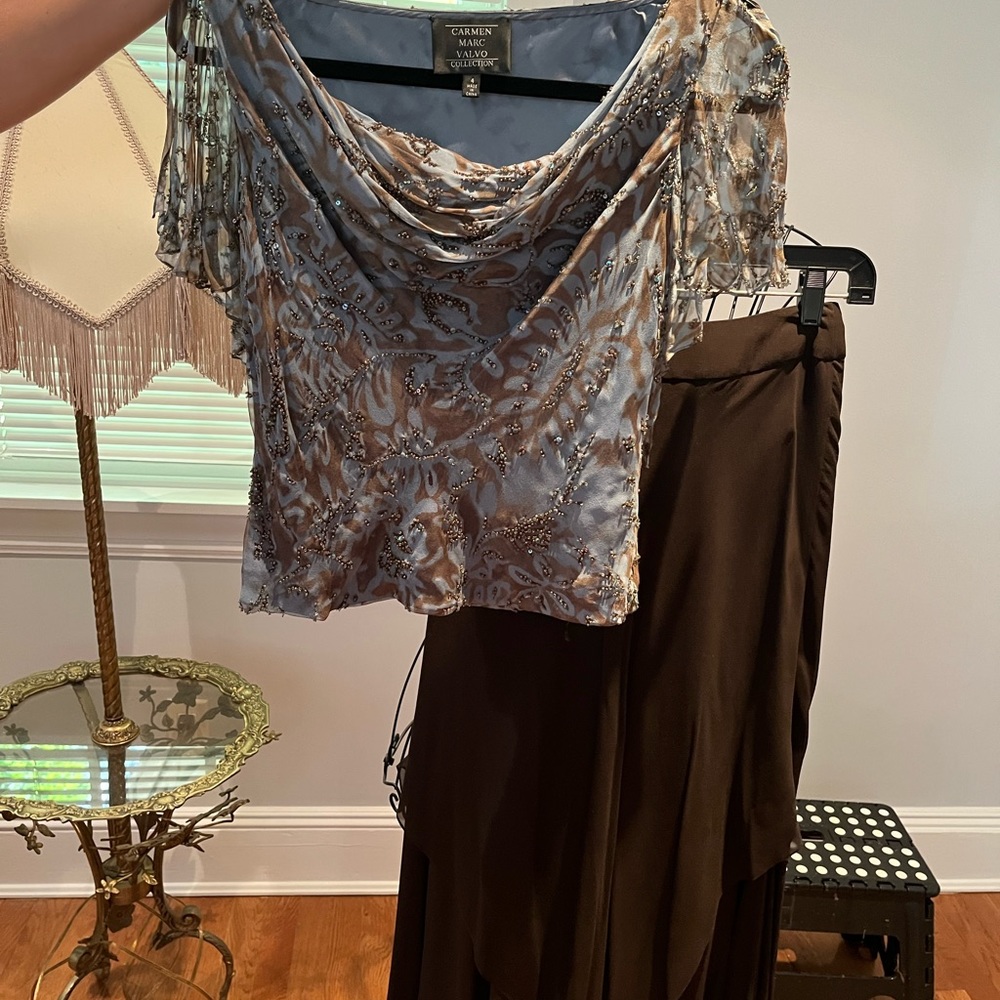 Carmen Marc Valvo Beaded Evening Top with matching silk skirt